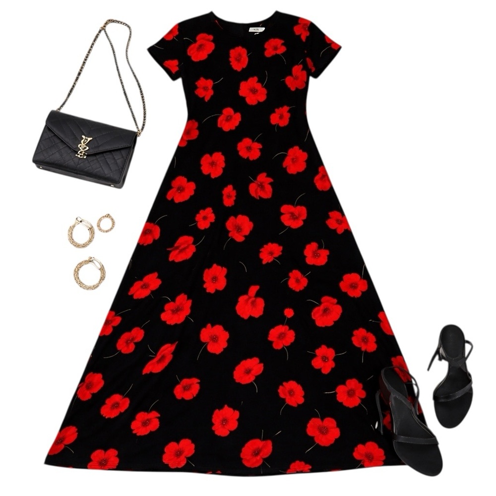 Valerie Stevens NWT 100% Silk Maxi Dress Size 12 Vintage Black/Red Floral Poppy